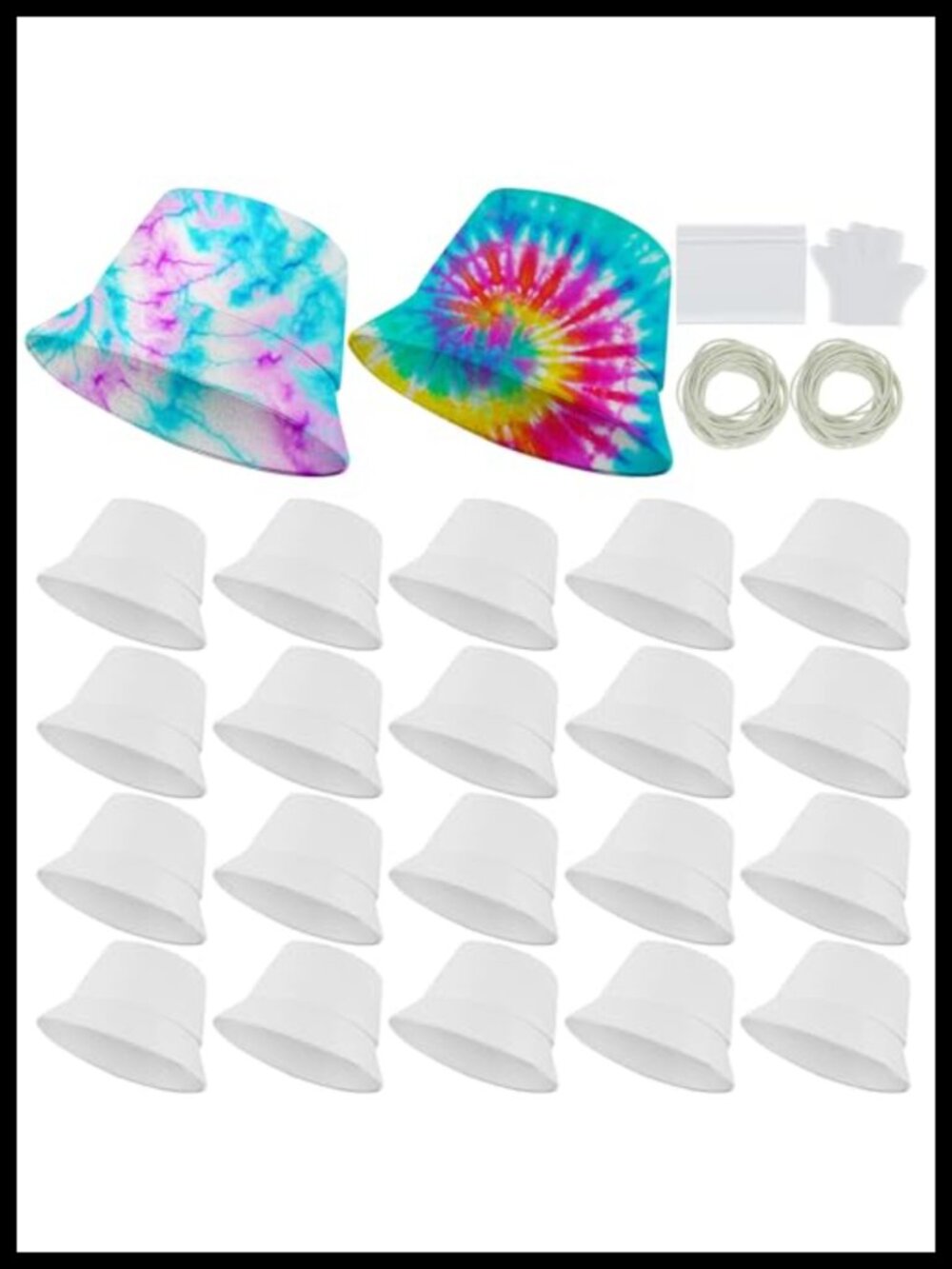 Blank Cotton Bucket Hats for Tie Dye (20 Pack) with Rubber Bands & Gloves
